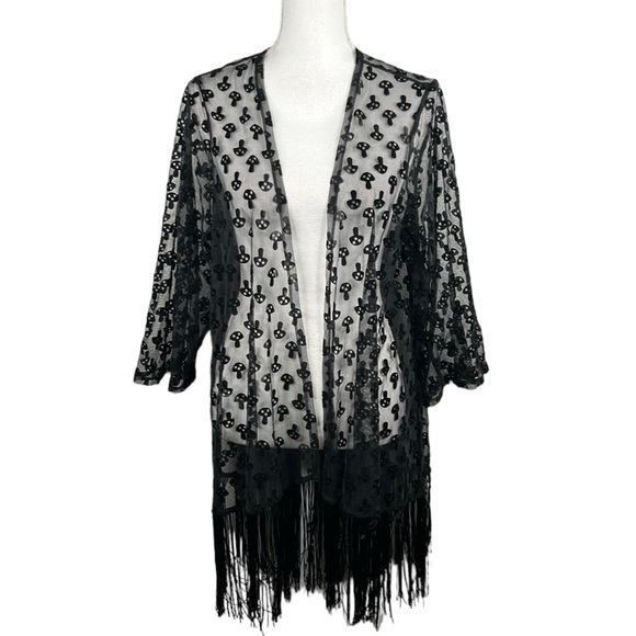 Hot Topic Black Sheer Goth Mushroom Print Fringe Hem Open Cardigan Size Medium - Picture 1 of 8